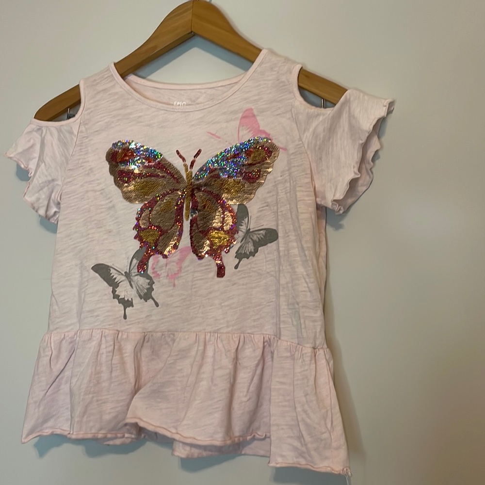 Epic Threads Reversible Sequin Butterfly Cold Shoulder Pink Shirt Sz XL